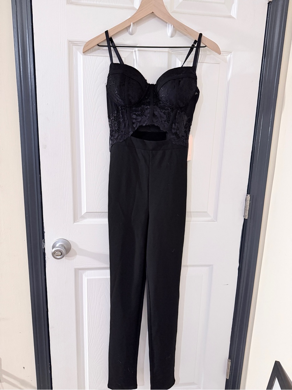 Black Lace Bustier Jumpsuit with Cutout Waist